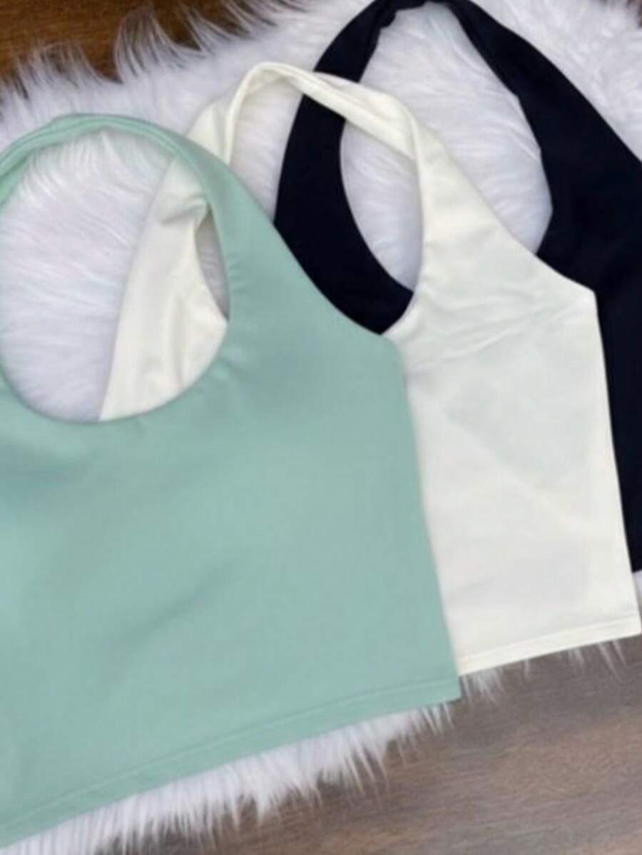 SET OF 3 Cropped Tops, Halter Neck Blouses, Fitness, Gym, Casual Fashion - 薄荷綠,米白色,黑色 - 查看 1