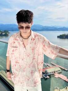Couple Set Summer Personalized Color Shirt, Men's Hawaiian Vacation Ice Silk Quick Drying Floral Shirt - Pink - View 3