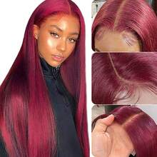 28 Inch Burgundy Straight Wig Human Frontal Hair 200% Density 13X4 13X6 HD Lace Front Wigs Natural Hairline Pre Plucked HD Lace Front Wig For Women Straight Blended Hair With Baby Hair - SBUG - View 7