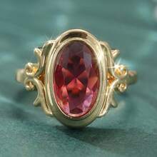 Nhẫn đồng cổ điển hình bầu dục khảm đá Zirconia tổng hợp màu đỏ. - Vàng - Xem 10