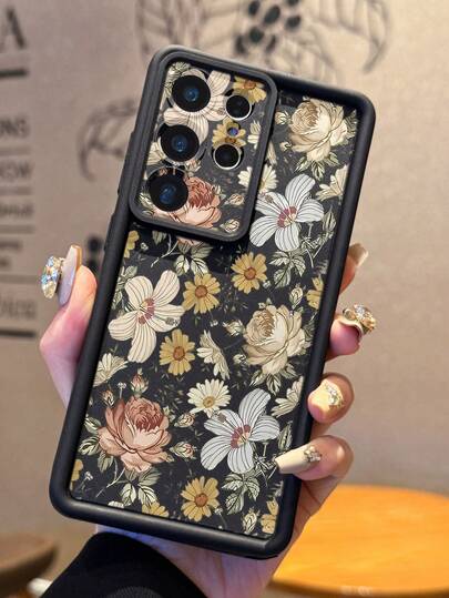 1 件复古花卉图案印花手机壳，带摄像头孔设计，防震加厚黑色手机壳，适用于安卓 Galaxy A55/A15/S21、S22、S23 FE、S24 Plus、S25 Ultra、SMART 8 Pro、荣耀、一加等机型。