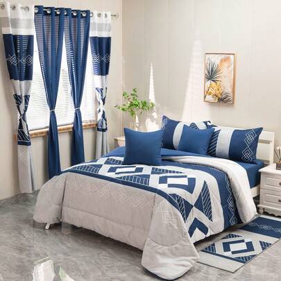 Casaisla Home Collection Set 15 Piezas Coordinado de Habitación Incluye Edredón Reversible, 2 Sábanas, 2 Fundas de Almohada, 2 Forros de Cojines, 4 Cortinas, 1 Alfombrilla Larga y 1 Juego de Baño - Tamaño Matrimonial y King Size