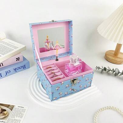 1pc Blue Small Flower Square Music Box With Lock, Paperboard Storage Box For Stationery, Toys, Suitable For Bedroom Decor, Jewelry Box, Living Room Home Decor, Great Gift For Women's Day, Mother's Day, Valentine's Day, Birthday, Wedding, Party