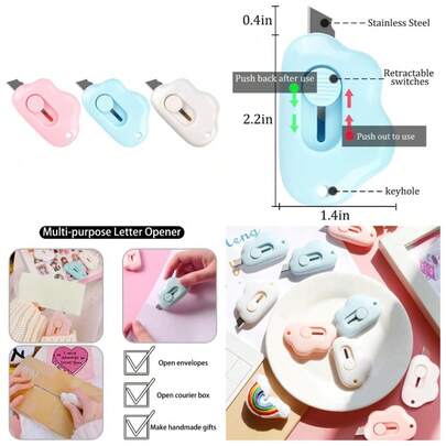Retractable Box Cutter And Letter Opener Set Of 3 Cloud Shaped Envelope Slitter Keychain Mini Utility Knife For Package Opening