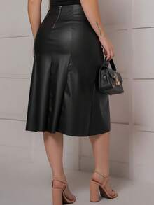 Faux Leather Midi Skirt With Cutouts And Back Zipper. - CHARCOAL BLACK - View 3
