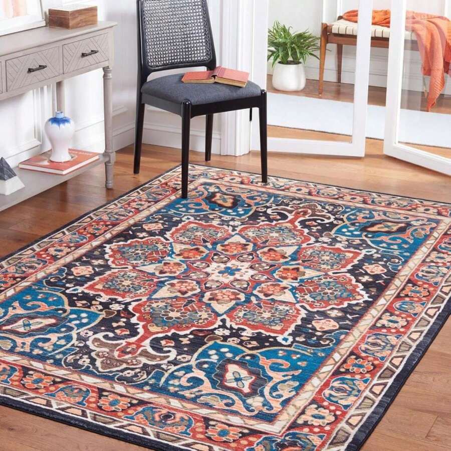 SAFAVIEH Washable Rug Riviera Collection - 6'7" Square, Red &Amp; Navy, Slip Resistant &Amp; Easy To Clean, Ideal For Living Room, Bedroom, Office, Kids Playroom, Dining Space (RIV155Q) - MàuF - Xem 1