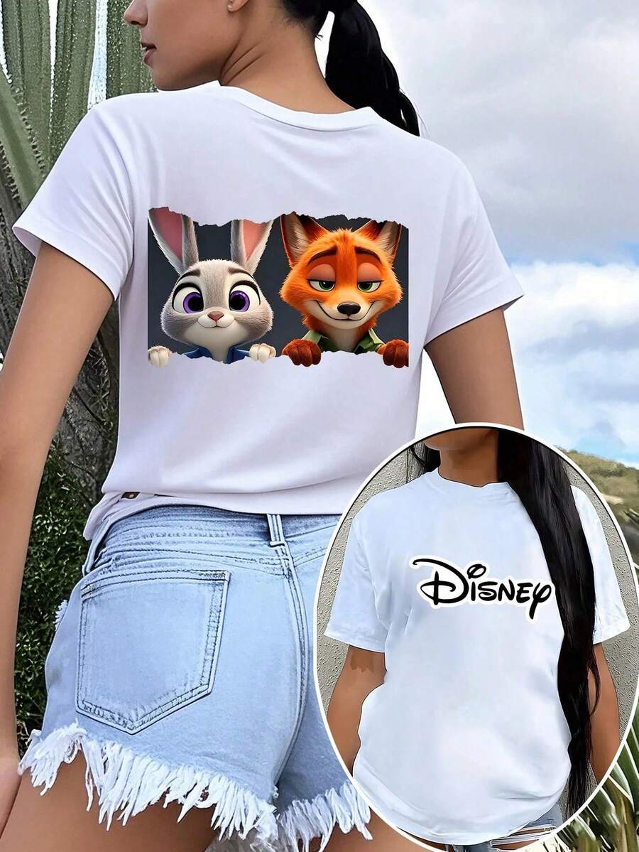 Disney Judy Hopps & Nick Wilde Rip-Through Graphic Women's Short Sleeve T-Shirt Casual Daily Wear Top - 白色 - 查看 1
