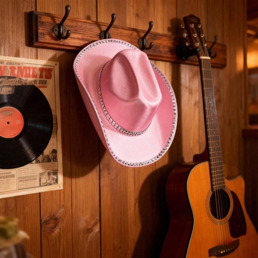 Rivets Metallic Cowgirl Hat Women Men Shiny Western Panama Jazz Hat For Wedding Rave Party Travel Accessories - B-Pink - View 1
