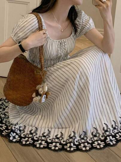 Gray & White Striped Square Neck Puff Sleeve A-Line Embroidered Hem Casual Dress, Spring/Summer