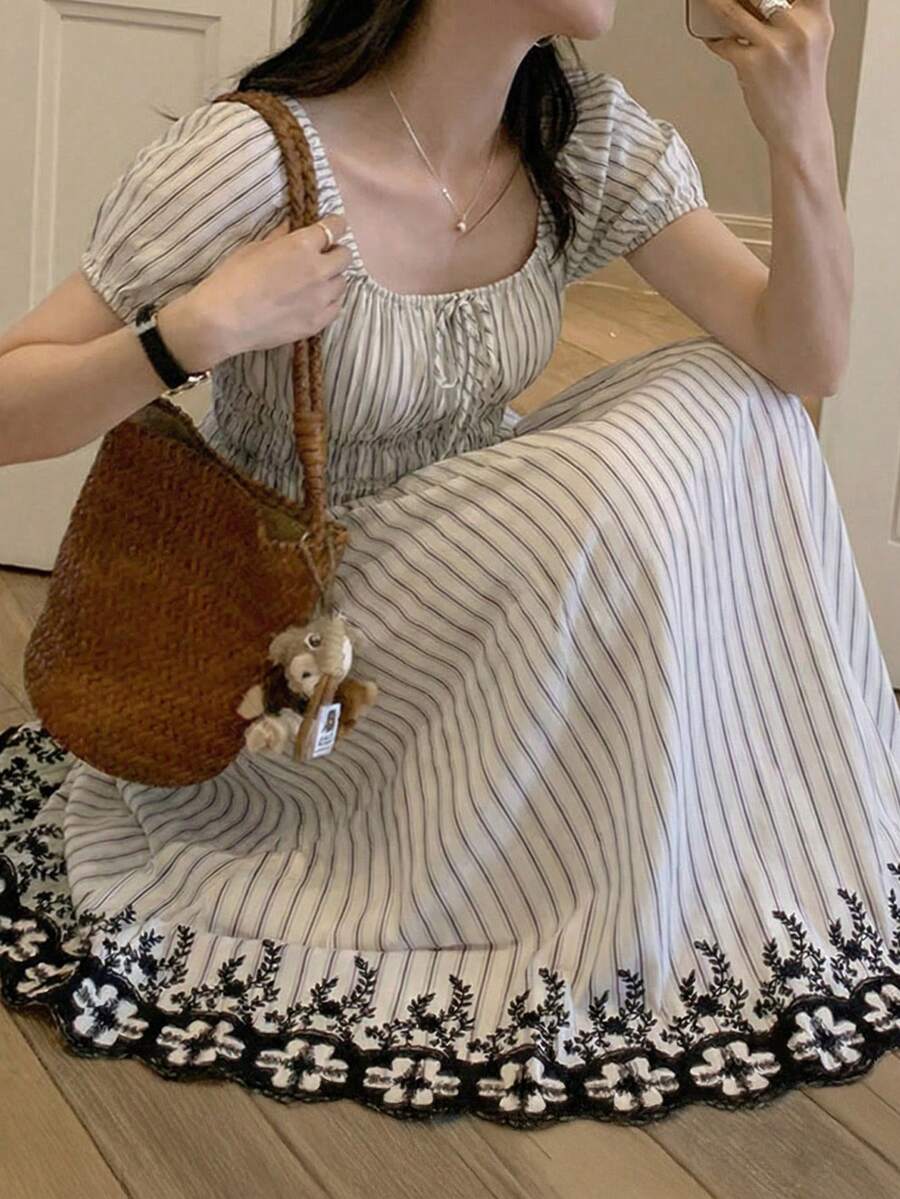 Gray & White Striped Square Neck Puff Sleeve A-Line Embroidered Hem Casual Dress, Spring/Summer Elegant - Multicolor - View 1