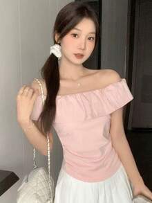 Y6Y 春季新款粉色露肩荷叶边修身女式衬衫 - 粉色 - 查看 6