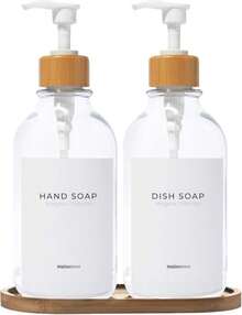 MaisoNovo Glass Dish Soap Dispenser For Kitchen Set Of 2-16.9oz Dish And Hand Soap Dispenser Set For Kitchen - Black Glass Bottles X 2 With Black Bamboo Pumps &Amp; Tray - Màu sắc - Xem 1
