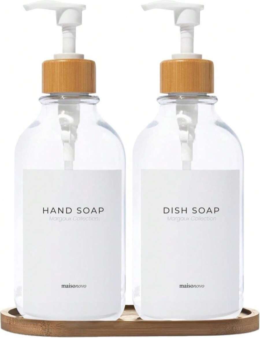MaisoNovo Glass Dish Soap Dispenser For Kitchen Set Of 2-16.9oz Dish And Hand Soap Dispenser Set For Kitchen - Black Glass Bottles X 2 With Black Bamboo Pumps &Amp; Tray - Màu sắc - Xem 1