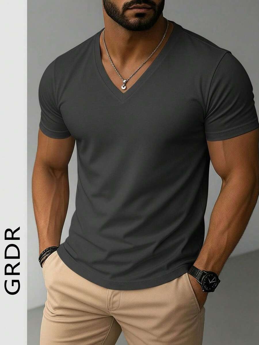GRDR Men's Fashionable V-Neck Short Sleeve T-Shirt | Exquisite Design | Summer Essential | Easy To Match | Showcase Your Style