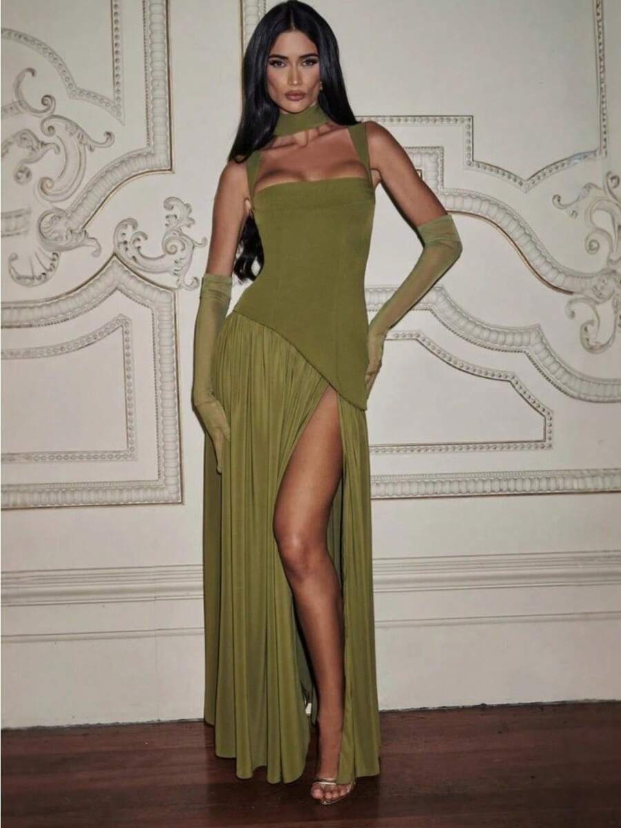 Skinny Comfortable Fashionable Sexy Suspender Skirt Slim Strap Split Skirt Backless Streamer Dress - màu xanh ô liu - Xem 1