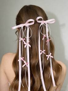 2pcs Y2K Style Bowknot Ribbon Pearl Tassel Hair Clips, Women Hair Accessories, Hairpin - Multicolor - View 1