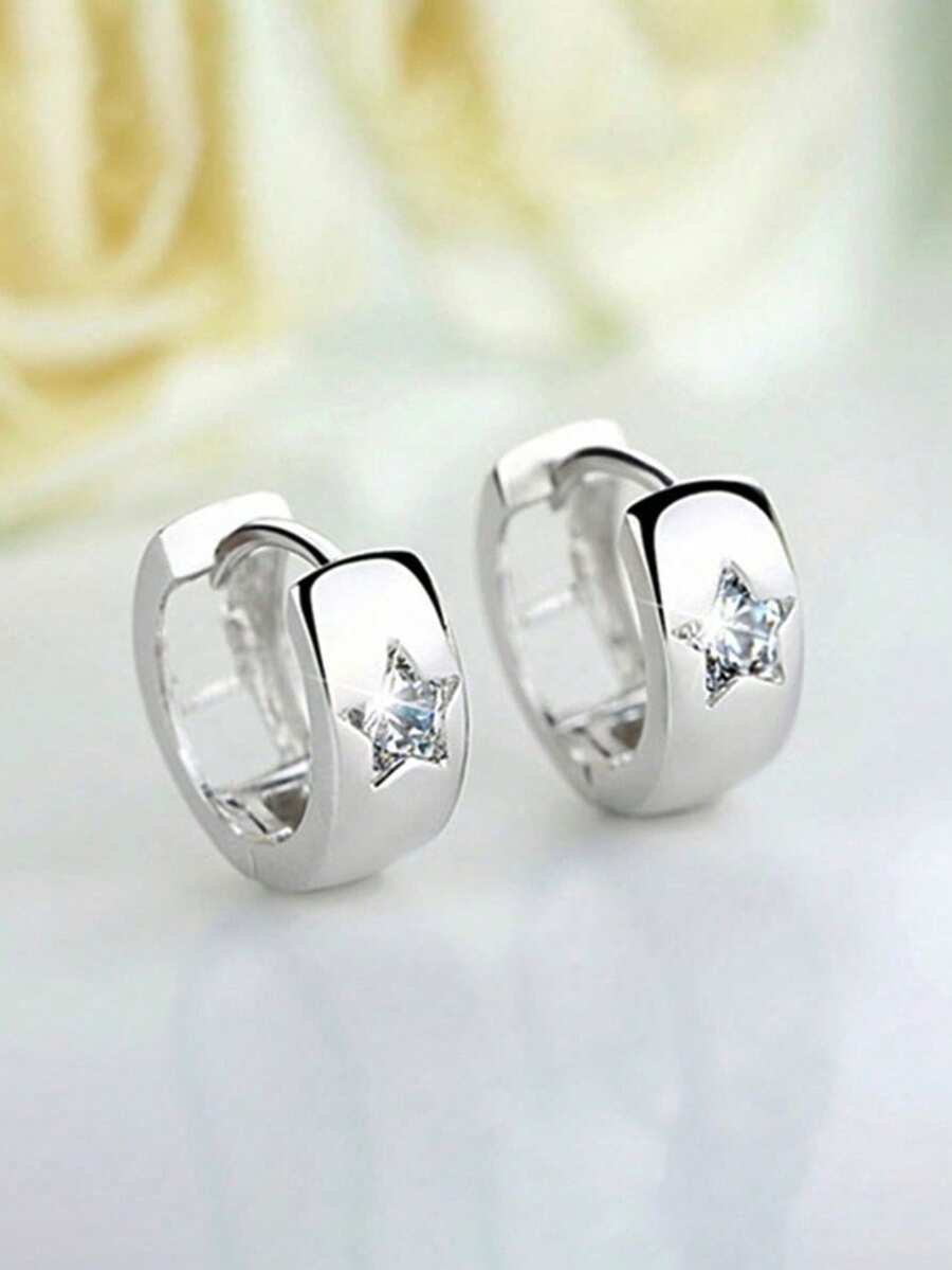 1 Đôi bông tai khoen thời trang đính đá Cubic Zirconia cho bé gái, thích hợp để đeo hàng ngày, dự tiệc hoặc làm quà sinh nhật. - Bạc - Xem 1