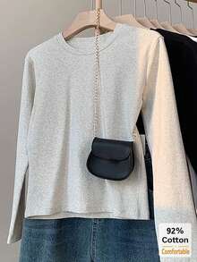 Women's Long Sleeve T-Shirt, Versatile Autumn/Winter Gray Floral Top, Slimming Solid Color Inner Layer Base Shirt Casual - Gray - View 6