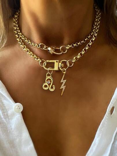 1pc Gold Tone Constellation Necklace With Lightning Pendant, Stainless Steel Chain, Fashion Multi-Pendant Necklace, Unique Luxury Women Necklace