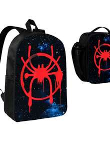 Parallel Universe Red Logo   Brave Miles Morales  Black Printed Backpack 2 Piece Set For School And Commute 15 Inch Laptop Thermal Lunch Bag Unisex Best Teen Gift, - màu đen - Xem 2