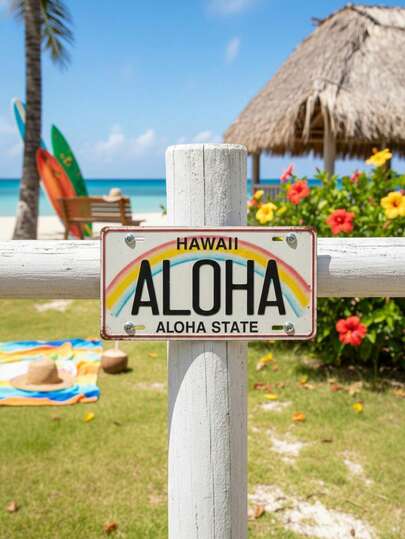 1pc Hawaii Themed Metal Sign Plate, Vintage License Plate Design Wall Decor, 2D Flat Industrial Style, Pre-Drilled Holes, Outdoor Use, Suitable For Farmhouse, Garden, Garage, Porch, No Electricity Needed, Ideal Gift For Home And Room Decoration