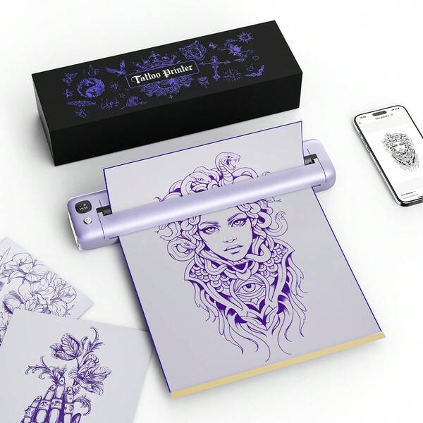  Rongta F81S Portable Tattoo Stencil Printer - Thermal Transfer Machine For DIY Tattoos, Fast & Easy Printing From Phone (IOS/Android) Or PC, Includes 5 A4 Tattoo Paper Sheets, Purple