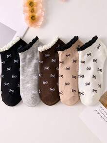 5/10双随机新款蕾丝边短袜，可爱蝴蝶结设计，透气防滑短袜，春夏新品 - 彩色 - 查看 5