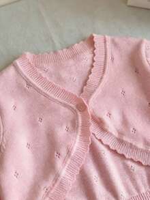 女童优雅粉色短款镂空针织开衫，单扣轻薄透气披肩，春夏款 - 粉色 - 查看 6