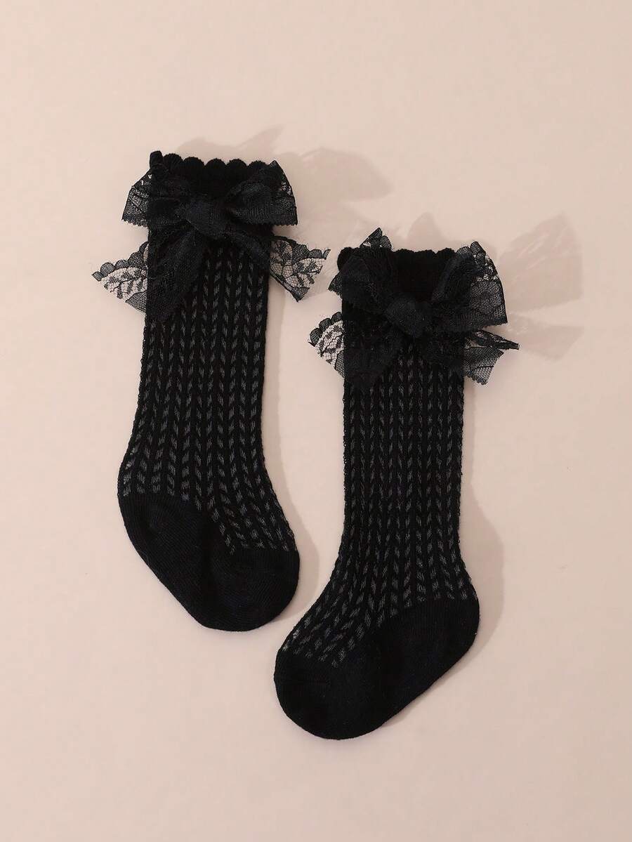 1 đôi tất cao cổ bằng vải lưới cotton dễ thương, trang trí nơ ren, dành cho bé gái, thích hợp cho mùa xuân/hè.