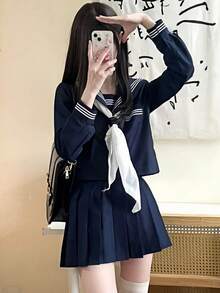 1件套学生制服角色扮演套装，藏蓝色JK制服套装，适合校园装扮、情人节派对、化装舞会、毕业照拍摄、下午茶约会等场合。 - 彩色 - 查看 6