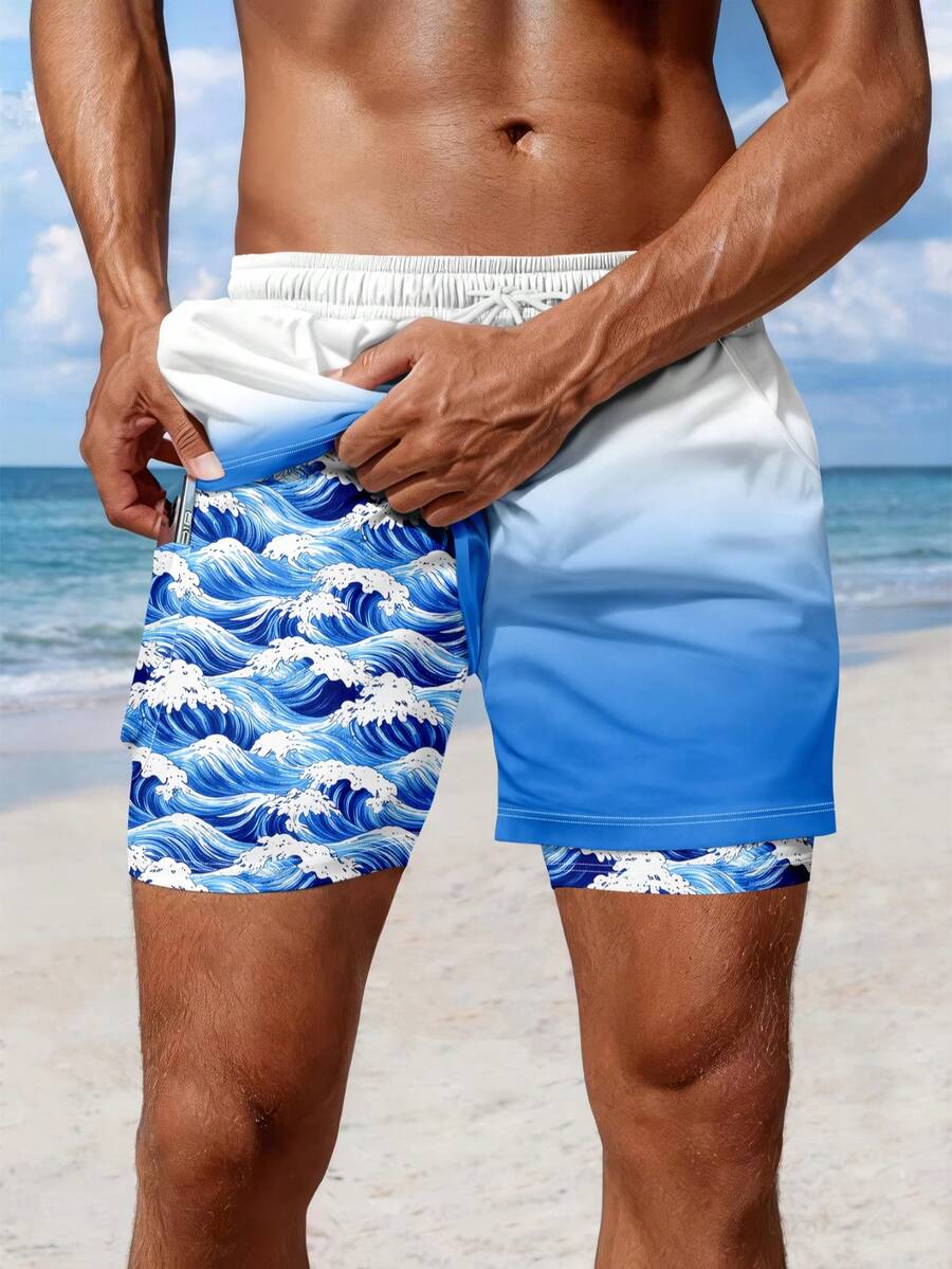 Quần short nam hai lớp in họa tiết sóng, quần đi biển phong cách nghỉ dưỡng dành cho nam. - Nhiều màu - Xem 1