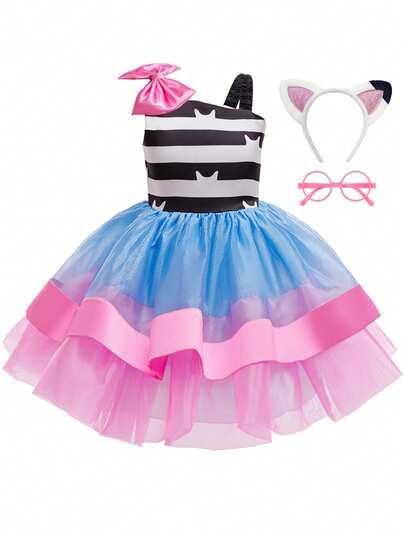 Princess Tutu Skirt Cat Stripe Print Girls Costume Set, Includes Headpiece, Suitable For Children's Halloween, Christmas, Carnival, Birthday Party Dress Up