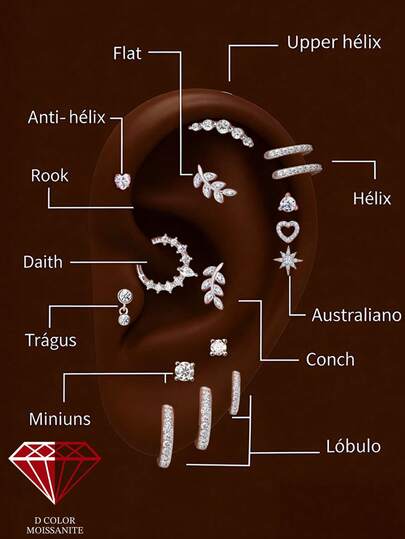 EleRunis 1颗0.1克拉莫桑石水钻，925纯银心形星形耳钉，适合多耳洞敏感耳，18K镀金平底耳骨耳廓穿孔，新娘饰品，日常佩戴，婚礼派对，订婚周年纪念，情人节