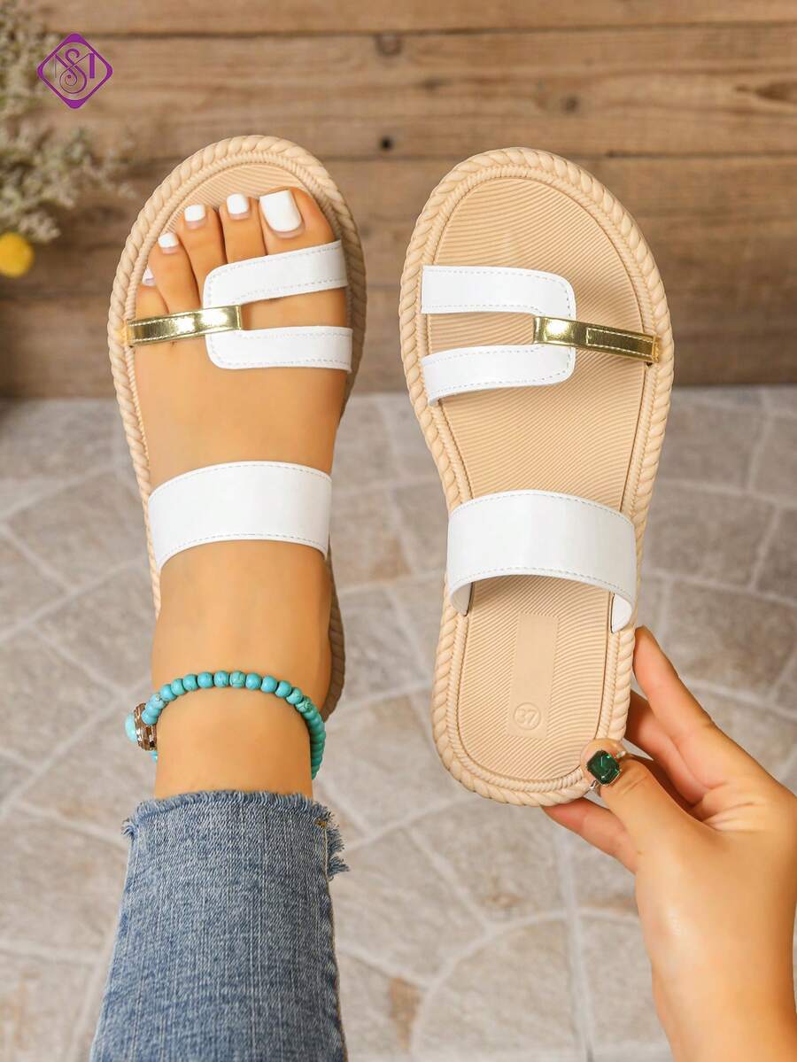 女士优雅轻便套脚平底凉鞋，宽楦设计，舒适不累脚，适合海滩度假休闲穿着，百搭平底凉鞋 - 白色 - 查看 1