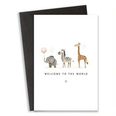 一套可爱的新生儿贺卡 - 欢迎来到新手父母的世界 - 可爱的水彩动物设计，包含大象、斑马和长颈鹿 - 送给孙辈、女儿、儿子的趣味迎婴派对或生日礼物（黑色/卡其色/红色可选）