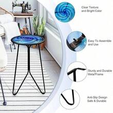 LIFFY - Mesa Auxiliar Redonda Pequeña, Mesa Auxiliar de Metal con Tapa de Vidrio, Mesa de Patio y Balcón, Azul, 12 Pulgadas - Negro - Ver 6