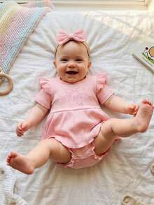 Baby Girls Shorts Set, Short Sleeve Embroidery Bow Letters T-Shirt With Shorts And Hairband Summer Outfit - 粉色 - 查看 2