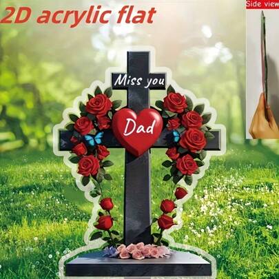 Easter Limited Edition: 1pc 2D Printed - Artistic Decorative Style Mother's Day And Father's Day Memorial Garden Gravestone - "Miss You, Mom/Dad" Heart-Shaped Rose Cross Design, Acrylic Material, Ground Installation, Floral Theme, Outdoor Use, No Electricity Or Battery Required