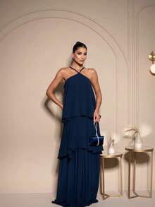 Sophisticated Long Party Dress Without Glitter, Suitable For Bridesmaids And Wedding Guests. - Navy Blue - View 1