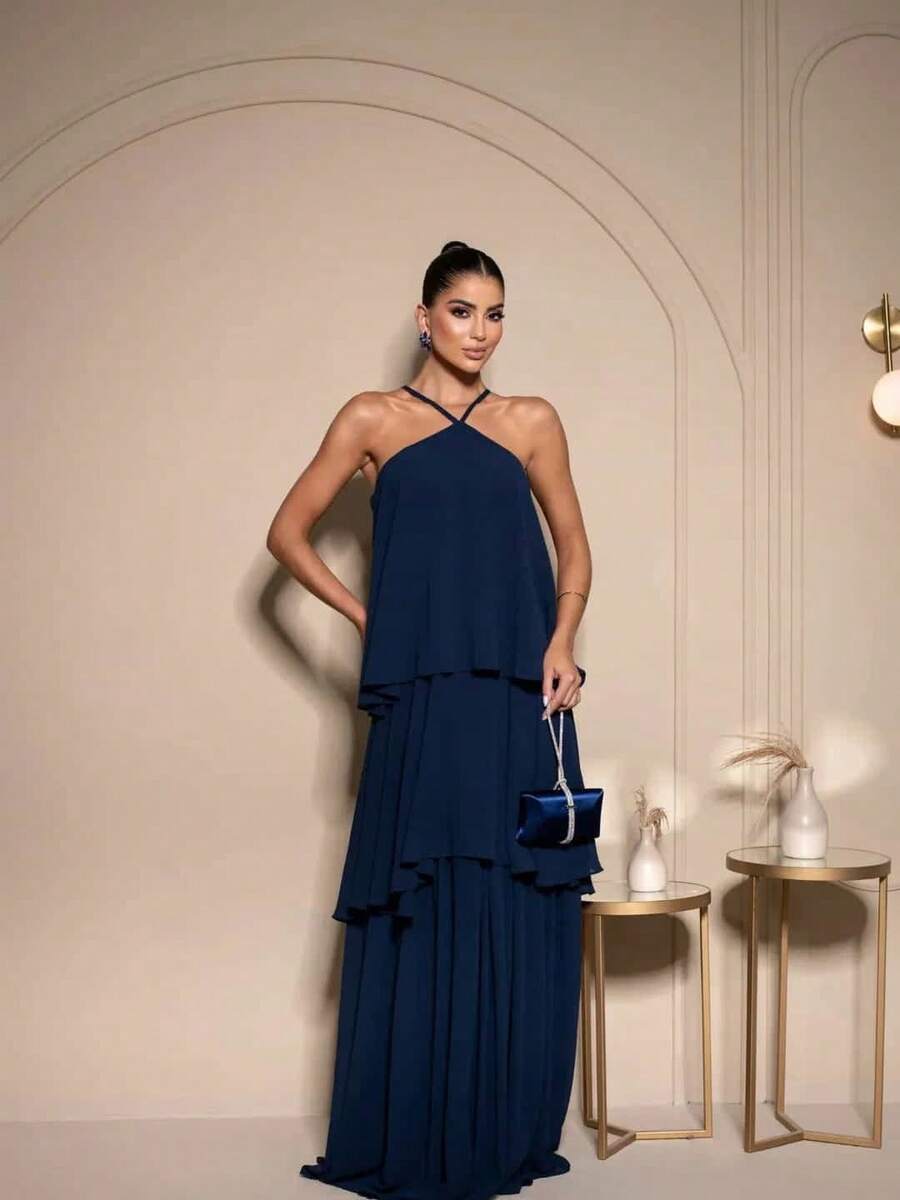 Sophisticated Long Party Dress Without Glitter, Suitable For Bridesmaids And Wedding Guests. - Navy Blue - View 1