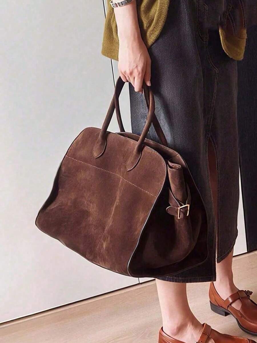 Vintage Brown Suede Tote Bag - Large Capacity Commute Shoulder Bag With Magnetic Closure, Nylon Lining, And Durable Handles, Ideal For Everyday Use, Everyday Tote Bag | Vintage Style Bag | Durable Handles, Tote Bag, New Fall Fashion 2025 For Women - 咖啡 - 查看 1
