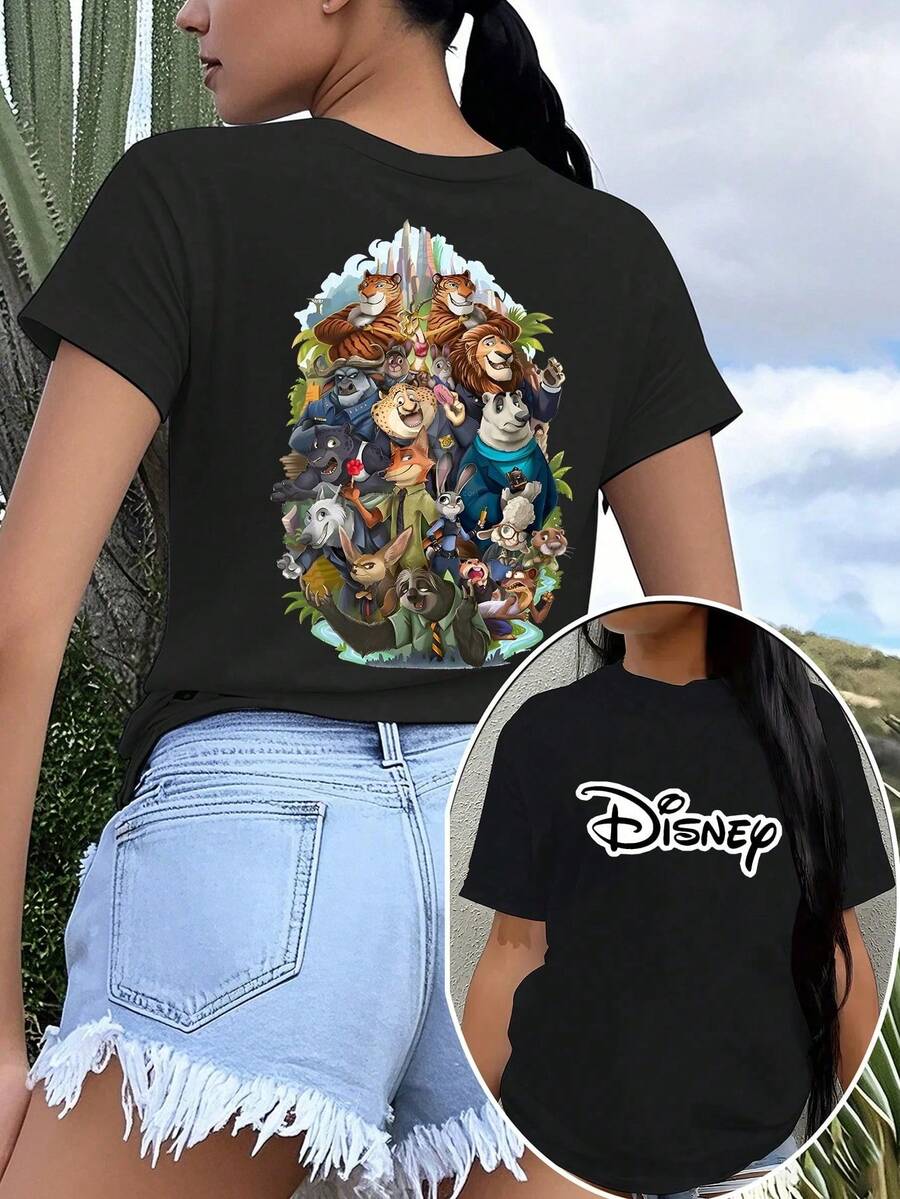 Disney Zootopia All Characters Group Graphic Women's Short Sleeve T-Shirt Unique Casual Top - Black - View 1