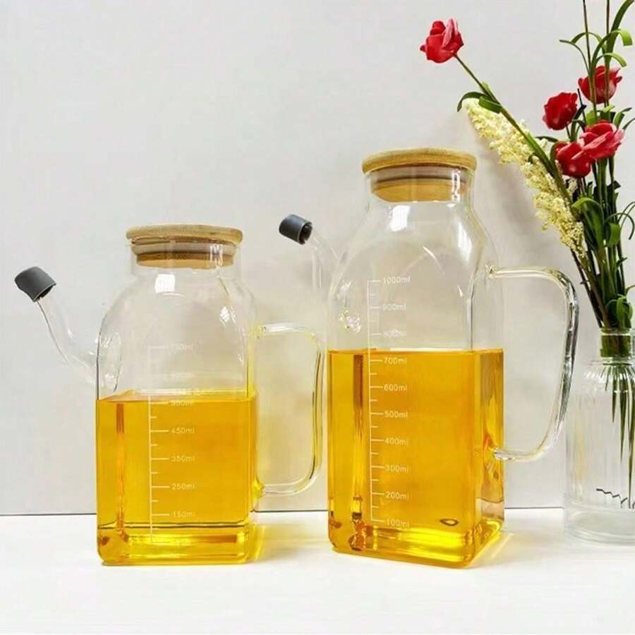 1 pieza Botella de vidrio para aceite, dispensador de aceite y vinagre de gran capacidad para la cocina con diseño a prueba de fugas, sin goteo y escala de medición - Ver 1