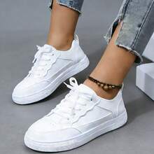 Women's White Classic Versatile Round Toe Slip-On Casual Lace-Up Soft Comfortable Flat Outdoor Sports Casual Sneakers, Simple Shoe Upper, Smooth Lines, Overall Clean And Neat. Suitable For Spring, Summer, Autumn, Daily Outings, Campus, Holidays, Street Fashion Matching - trắng - Xem 5