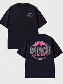 Retro Style Busch Light Beer-Shirt With Mountain And Sunset Design% Cotton 220g Double Side Print Tee-Suitable Daily Wear, Vacation, Party - Black - View 1