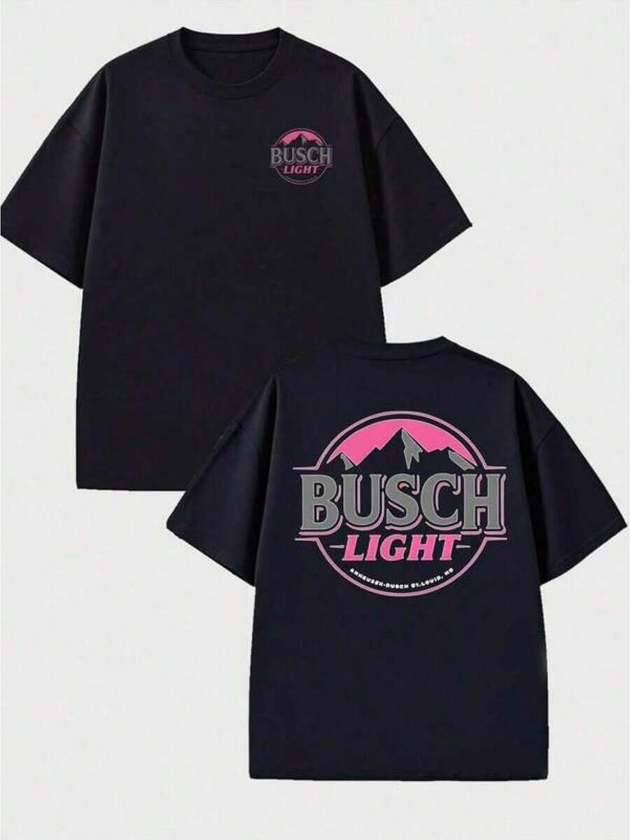 Retro Style Busch Light Beer-Shirt With Mountain And Sunset Design% Cotton 220g Double Side Print Tee-Suitable Daily Wear, Vacation, Party - Black - View 1