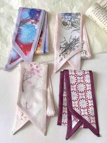 4件套甜美粉色印花发带套装，浪漫花朵图案雪纺围巾，90x6厘米优雅发带，适合女孩，柔软美观的发带和包包装饰 - 彩色 - 查看 2