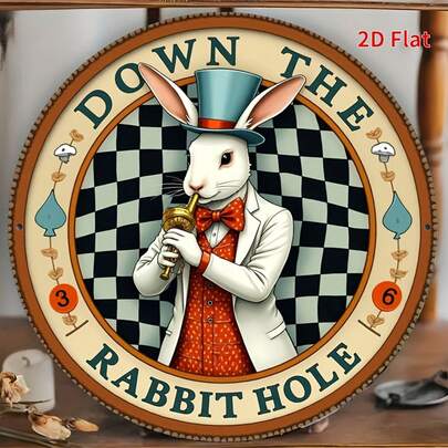 1 件 2D 平面风格标牌 - “坠入兔子洞”经典设计，格子背景搭配蘑菇装饰，耐用金属海报，适合家居、酒吧、咖啡馆、餐厅墙面装饰，易于悬挂，兔子主题装饰，非常适合房间装饰