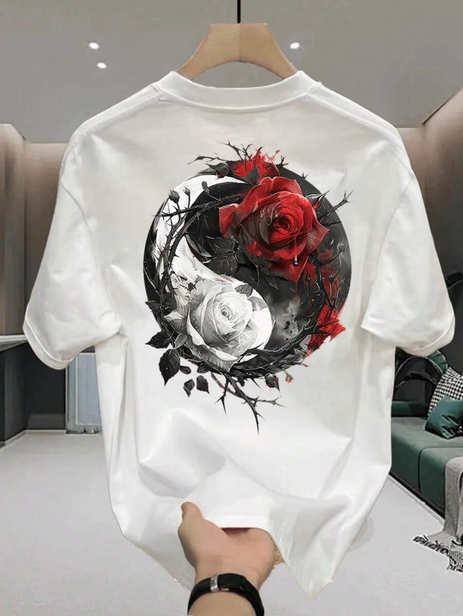 Camiseta de manga corta de algodón puro de marca de moda para hombre y mujer, verano 2026, elegante y creativa con diseño gráfico único, cuello redondo, top de media manga. - Blanco - Ver 1