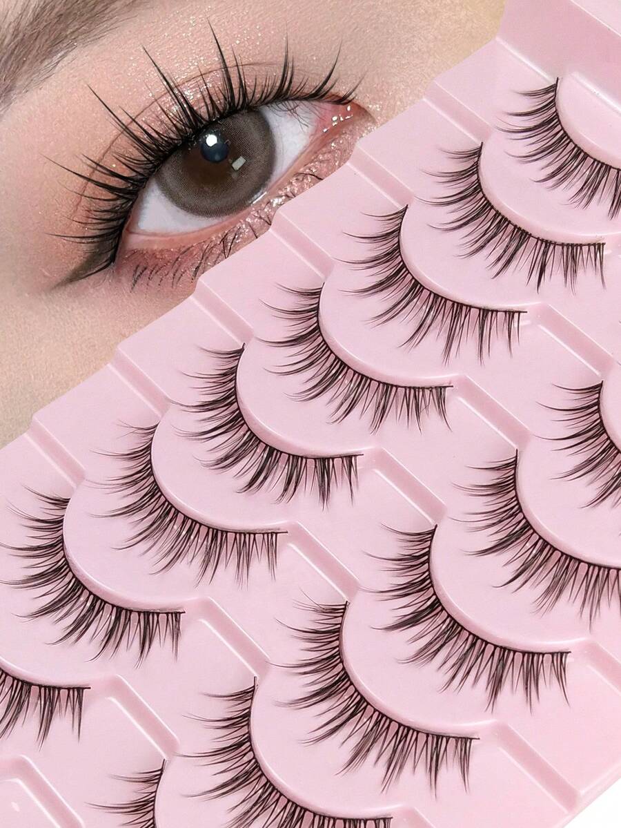 10 Pairs Cartoon Manga Lashes Natural Look Wispy Spiky Anime Eyelashes Crossed Full Strip Lashes Makeup Tool Party & Travel False Eyelashes, Strip Eyelashes, False Eyelashes